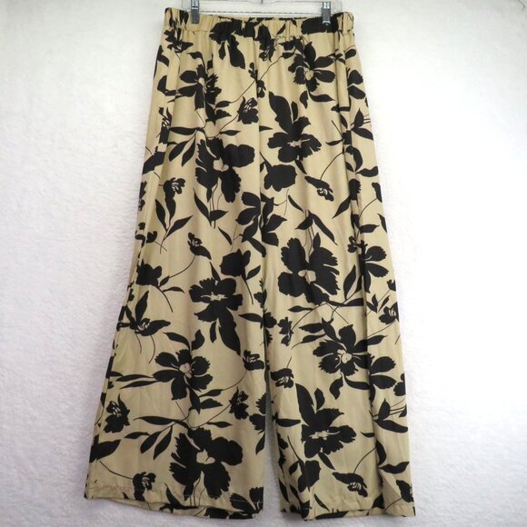 Shein Curve Pants Womens Size 1XL Beige Black Floral Wide Leg Elastic Waist - Picture 1 of 9